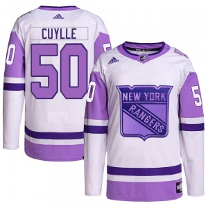 Authentic Adidas Youth Will Cuylle White/Purple Hockey Fights Cancer Primegreen Jersey - NHL New York Rangers