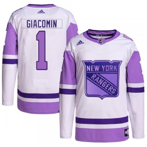 Authentic Adidas Youth Eddie Giacomin White/Purple Hockey Fights Cancer Primegreen Jersey - NHL New York Rangers
