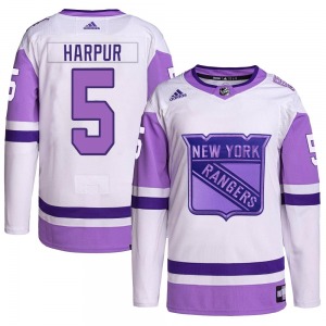 Authentic Adidas Youth Ben Harpur White/Purple Hockey Fights Cancer Primegreen Jersey - NHL New York Rangers