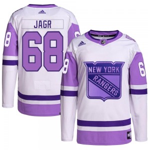 Authentic Adidas Youth Jaromir Jagr White/Purple Hockey Fights Cancer Primegreen Jersey - NHL New York Rangers