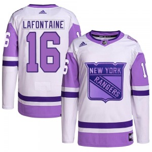 Authentic Adidas Youth Pat Lafontaine White/Purple Hockey Fights Cancer Primegreen Jersey - NHL New York Rangers
