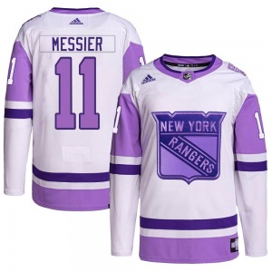 Authentic Adidas Youth Mark Messier White/Purple Hockey Fights Cancer Primegreen Jersey - NHL New York Rangers