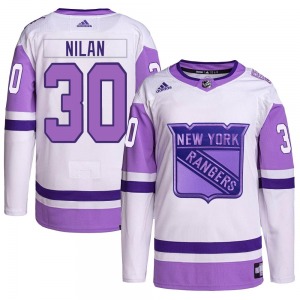 Authentic Adidas Youth Chris Nilan White/Purple Hockey Fights Cancer Primegreen Jersey - NHL New York Rangers