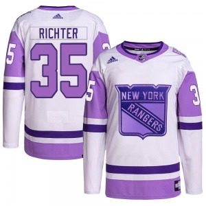 Authentic Adidas Youth Mike Richter White/Purple Hockey Fights Cancer Primegreen Jersey - NHL New York Rangers