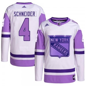 Authentic Adidas Youth Braden Schneider White/Purple Hockey Fights Cancer Primegreen Jersey - NHL New York Rangers