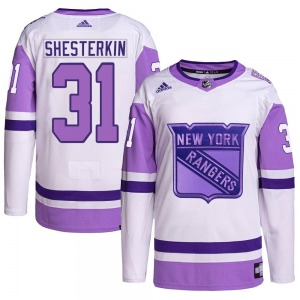Authentic Adidas Youth Igor Shesterkin White/Purple Hockey Fights Cancer Primegreen Jersey - NHL New York Rangers