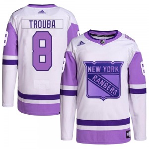 Authentic Adidas Youth Jacob Trouba White/Purple Hockey Fights Cancer Primegreen Jersey - NHL New York Rangers