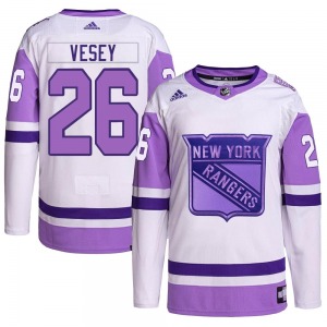Authentic Adidas Youth Jimmy Vesey White/Purple Hockey Fights Cancer Primegreen Jersey - NHL New York Rangers