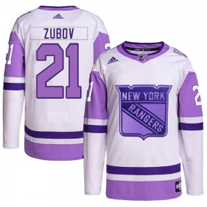Authentic Adidas Youth Sergei Zubov White/Purple Hockey Fights Cancer Primegreen Jersey - NHL New York Rangers